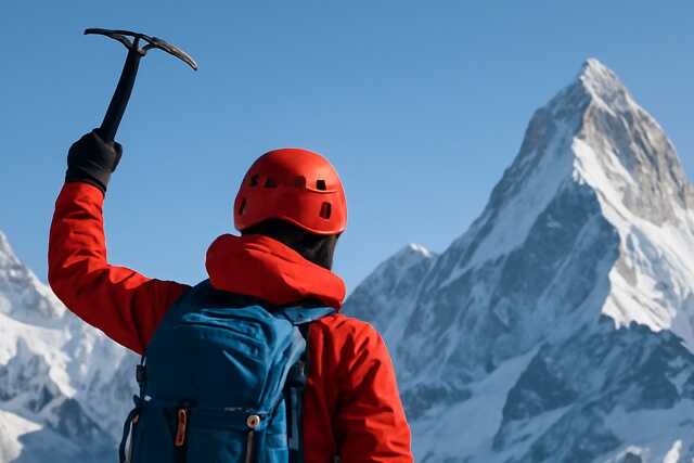 mountaineer celebrating on snowy summit with ice axe