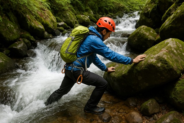 man_stream_climbing_gear